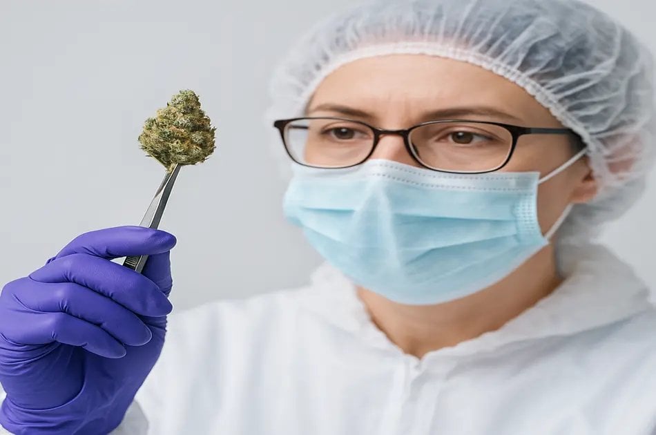 Laborantin mit Maske und Pinzette prüft Cannabisblüte auf Reinheit