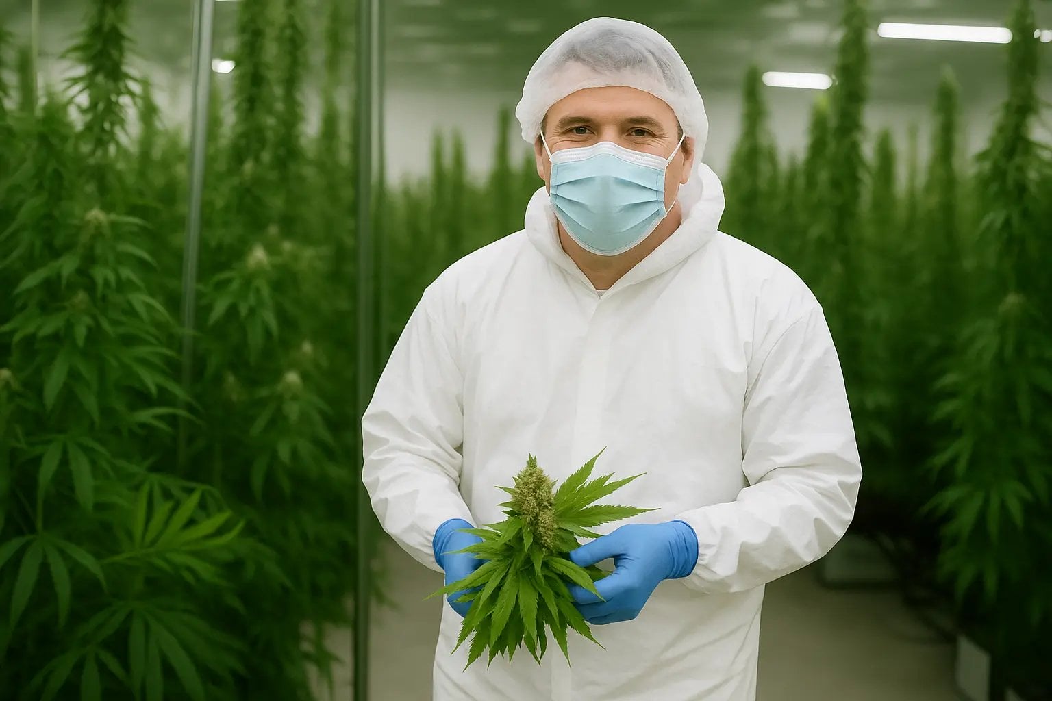 Mitarbeiter in Schutzkleidung bei der Ernte von Cannabispflanzen