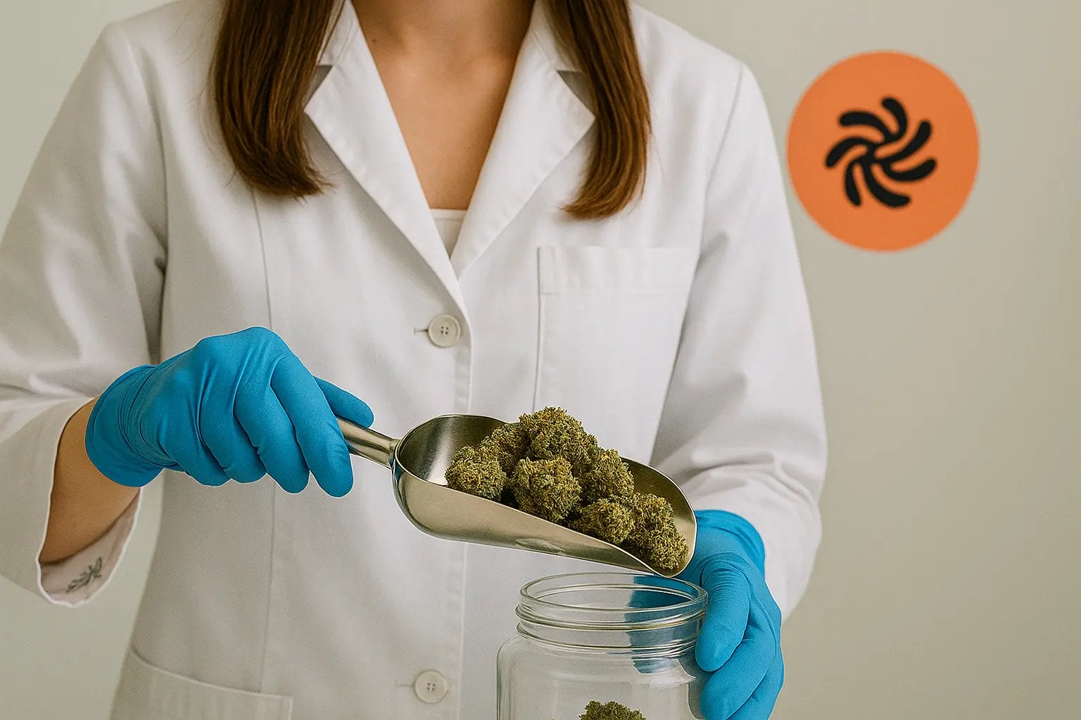 Frau im weißen Laborkittel füllt Cannabisblüten mit Schaufel in ein Vorratsglas